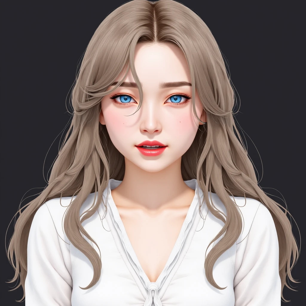 woman with long, slightly messy, lightbrown hair. in distress and pleasure. Unconscious. rolling eyes. open mouth and sluggish eyes.  blue eyes. make it very thot kim kardasian white seductive style clothing. emoji