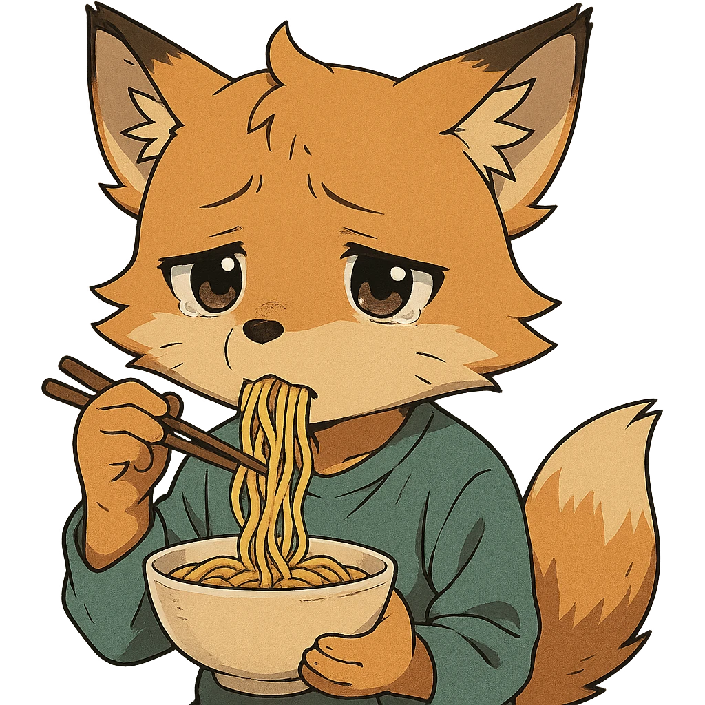 anime style fox character, eating noodles, looking sad emoji