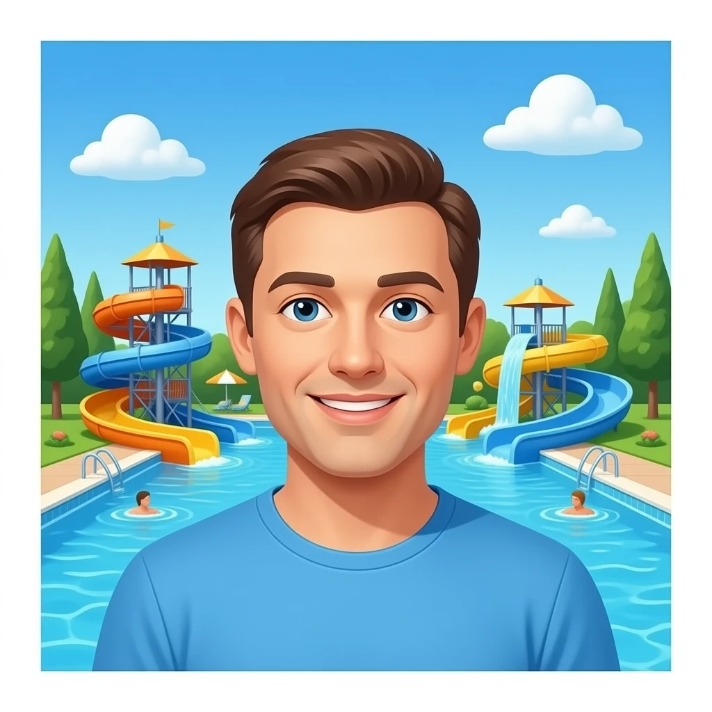 Massive water park pool with human emoji