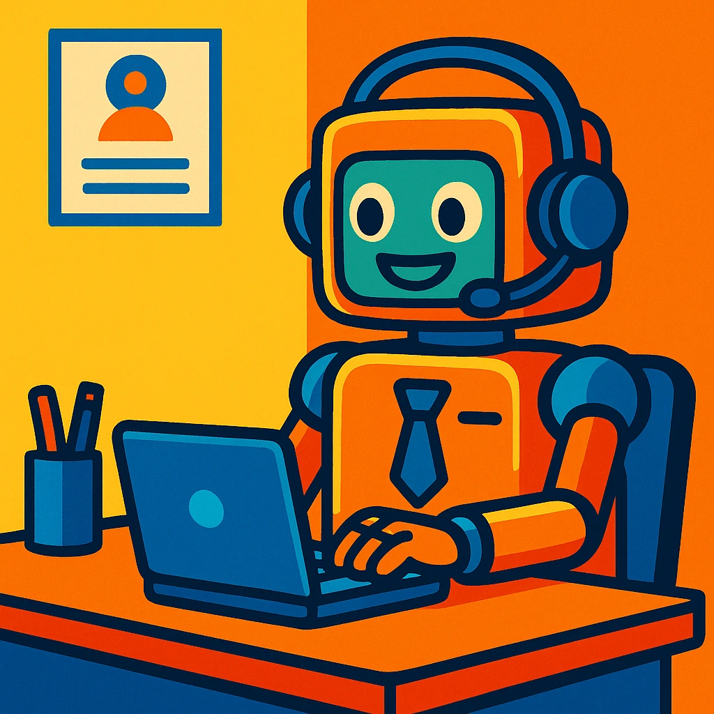 a cartoon robot recruiter at a desk, headset on, typing on a laptop, approachable and efficient, bright colors, cartoon style emoji