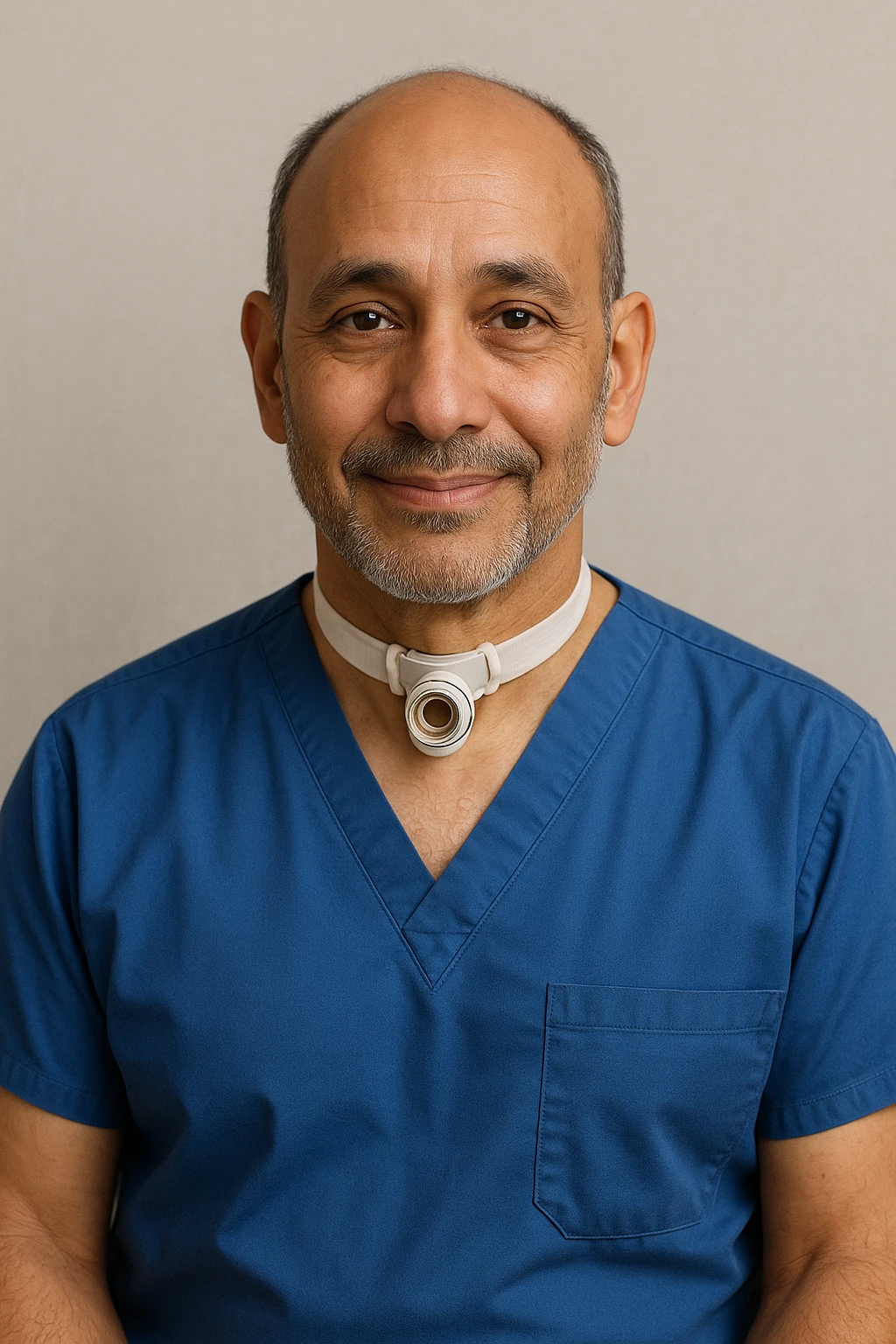 doctor portrait, tracheostomy tube, blue scrubs, gentle smile, simple background, contemporary style emoji