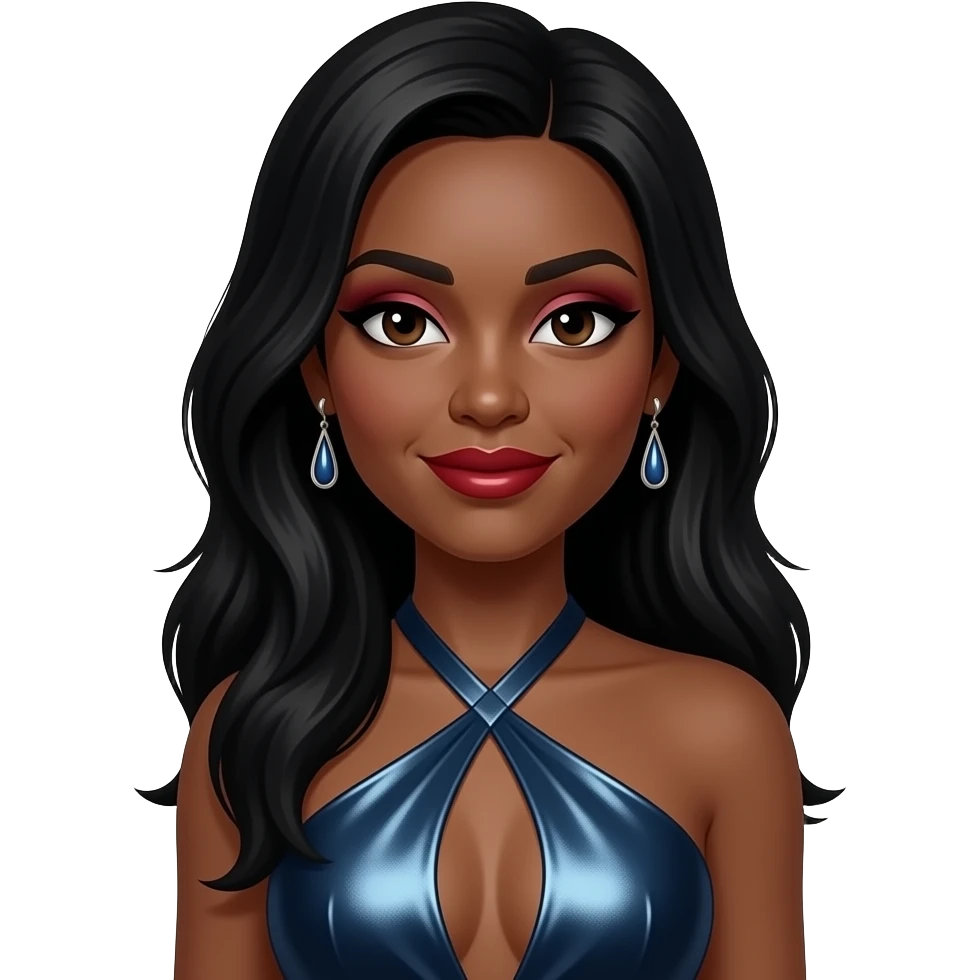 Monica Arnold with medium dark skin, dark brown eyes, long black hair, dark red eyeshadow and lipstick, indigo metallic halter dress, earrings emoji