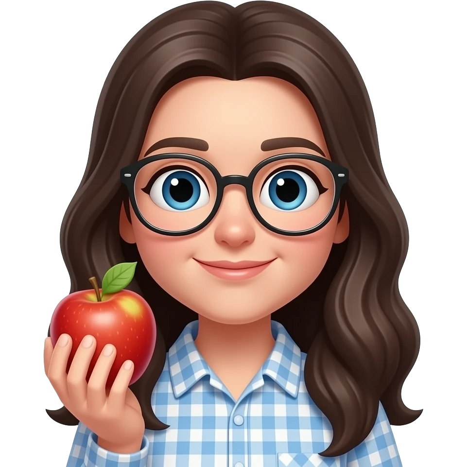 一個高的身形、大的眼睛、小的鼻子、長的頭髮，戴眼鏡，手拿蘋果的人物 emoji