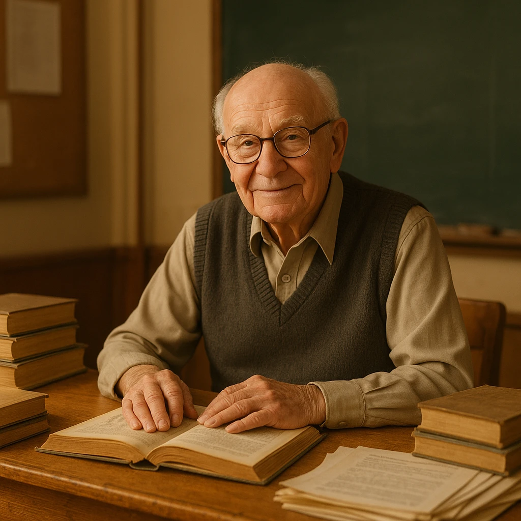 an old male teacher, 80 years old, balding with white hair, wearing spectacles, sitting at a desk emoji