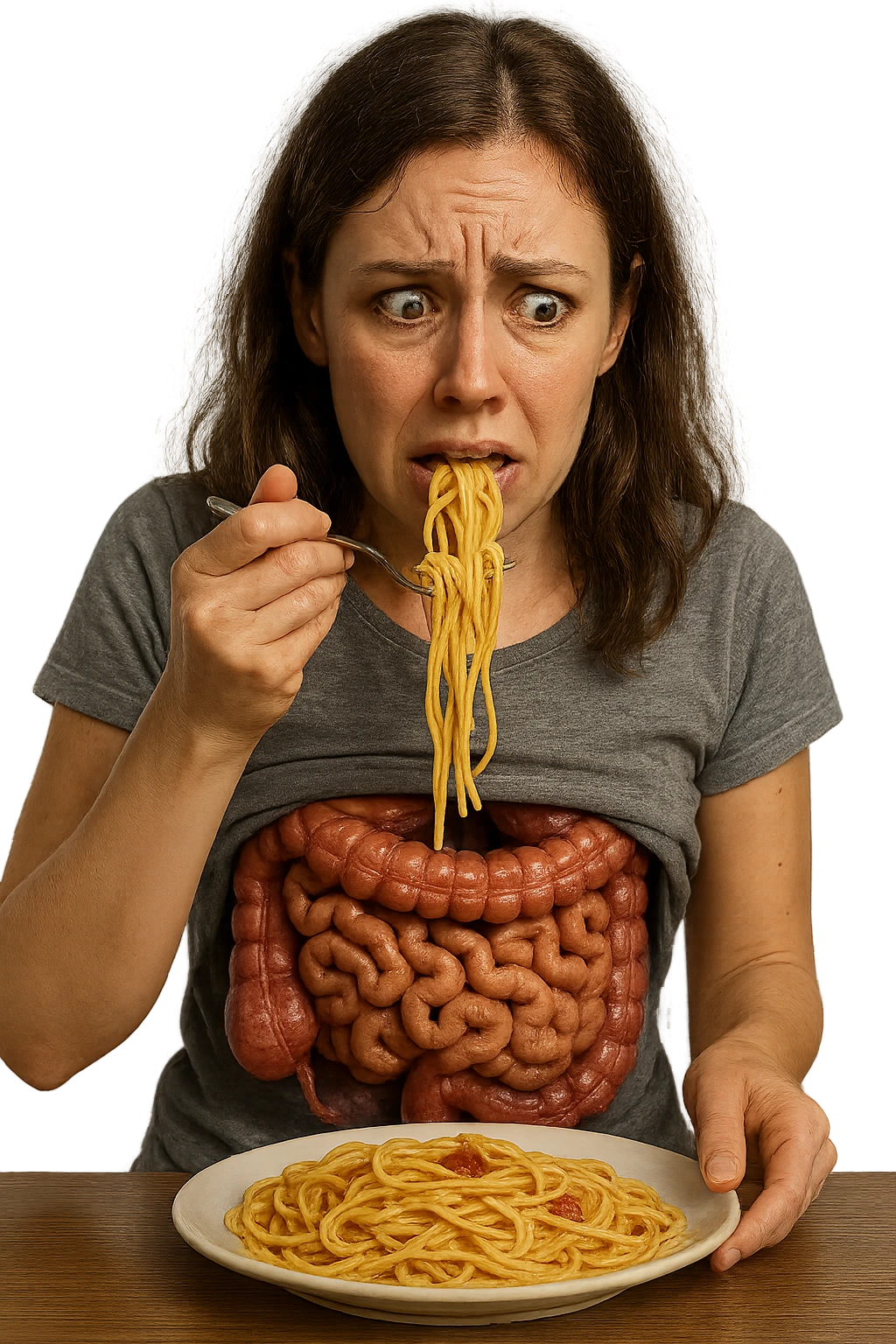 donna con  espressione ansiosa mentre mangia un piatto di pasta affamata, intestino anatomico visibile, iperrealistiche 4k emoji