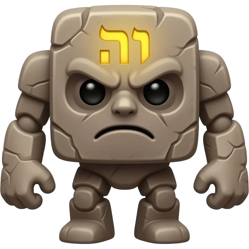 A cute, minimal pixel-art or flat-design emoji of a Golem — a humanoid figure made of clay or stone, with a glowing Hebrew letter 'Aleph' (א) or 'Emet' (אמת) inscribed on its forehead. Blocky, sturdy body. Neutral or slightly determined expression. Muted earthy tones — clay brown, stone grey. emoji