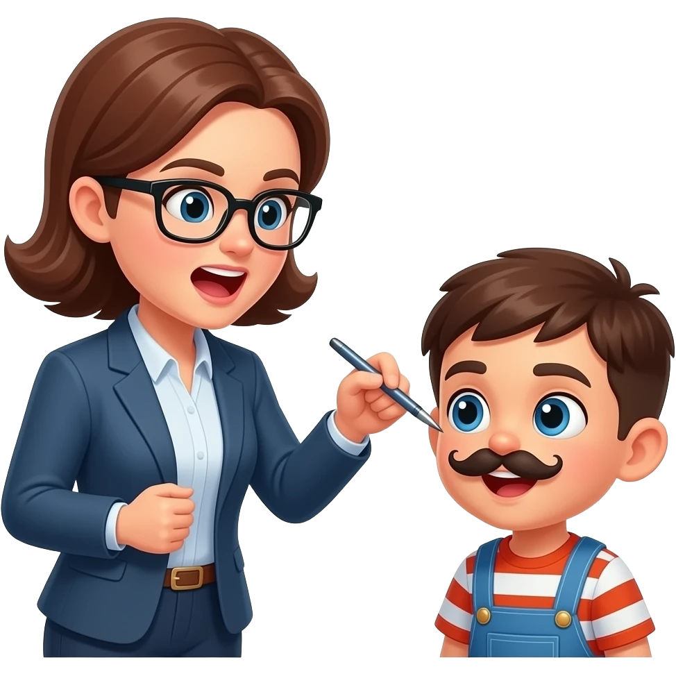 teacher yelling at guilty kid for drawing moustache on poster emoji