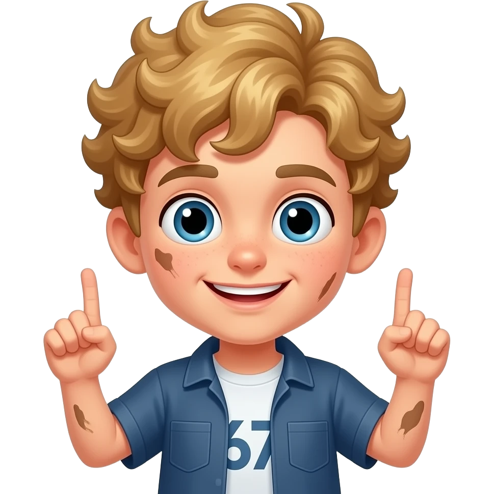 boy with dirty blond hair with curly hair doing the 67 move emoji