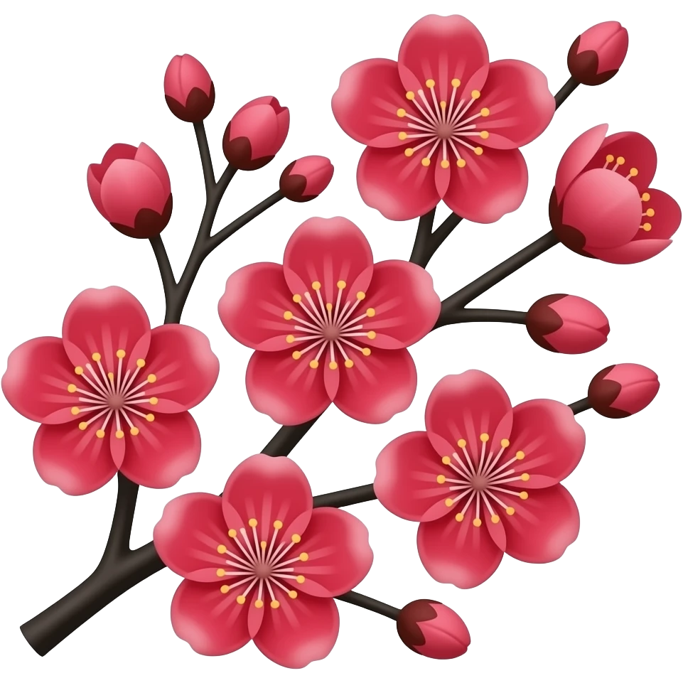 Red color 3D Render iPhone emoji png of red cherry blossom flowers on black branches emoji