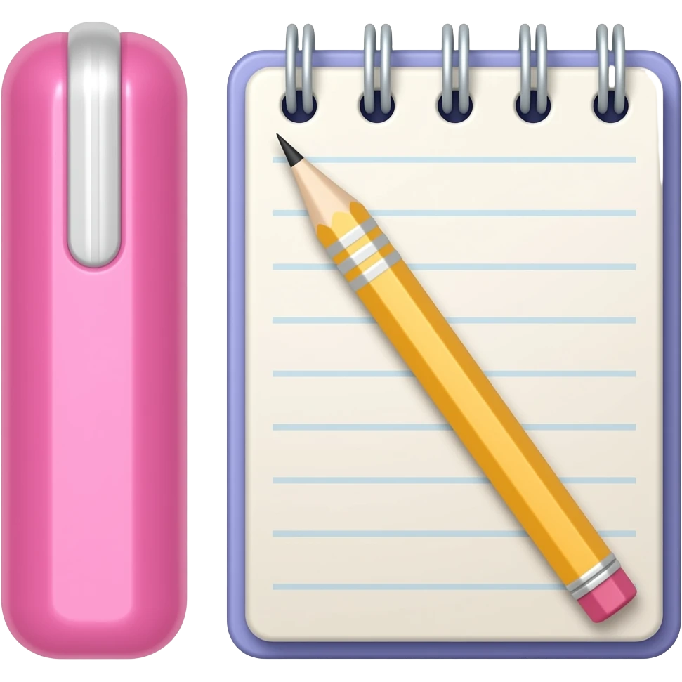 Estudos na cor rosa claro. Estojo, lápis e caderno. emoji