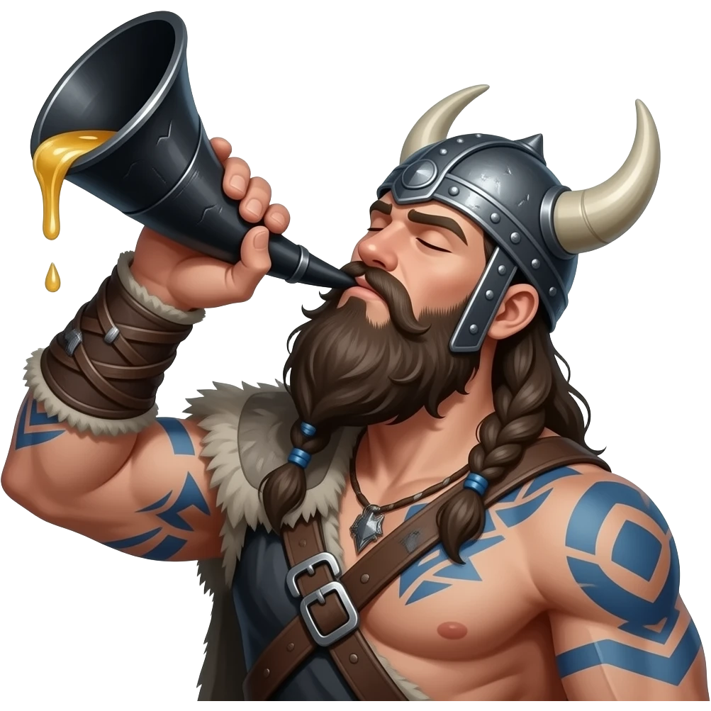 Dark haired sexy bearded viking  with viking helmet, eune tattoos and muscular no shirt, drinking beer out of a very large Black horn,his head tilted up and eyes closed. Beer dripping down his beard. Fantasy. Realistic emoji