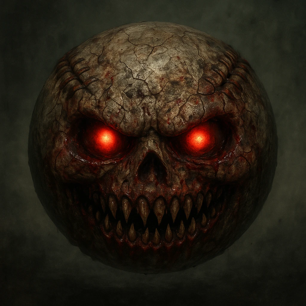 A scary baseball emoji with horror and disturbing features, inspired by Resident Evil and Silent Hill, with a gaming, first-person shooter feel. emoji
