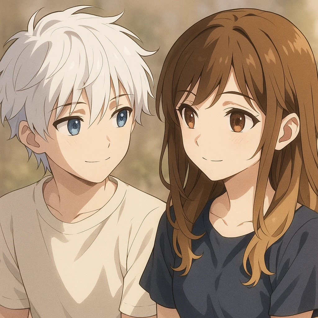 anime style, a white-haired, blue-eyed boy admiring a brunette-blonde girl with brown eyes, both with gentle expressions emoji