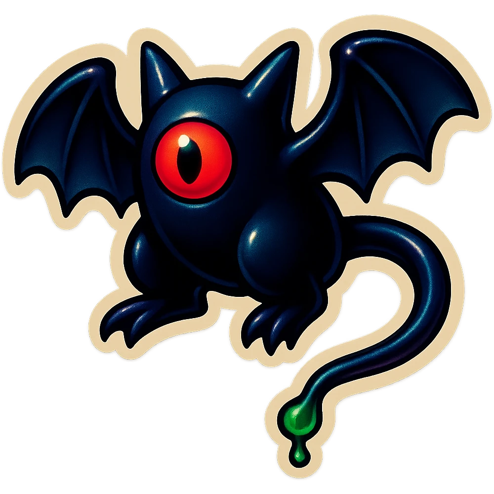 an all black bat-like creature. One cyclopian red eye in its face. no visible mouth or ears. has a long tale with a stinger that drips green poison emoji