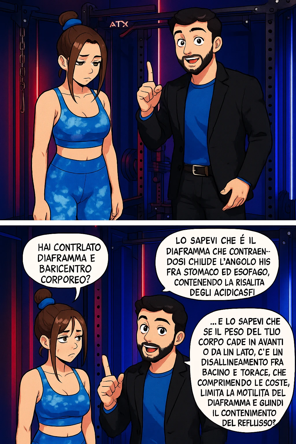 TRASFORMA QUESTO CAROSELLO IN UN FUMETTO STILE WEBTOON/MANGA A COLORI CON QUESTE DUE PERSONE IDENTICHE CHE INTERLOQUISCONO TRA LORO, L'uomo sta spiegando alla donna questo concetto:

LUI (UOMO): Hai controllato diaframma e baricentro corporeo?
LUI (UOMO): Lo sapevi che è il diaframma che contraendosi chiude l’angolo his fra stomaco ed esofago, contenendo la risalita degli acidi grassi?
LUI (UOMO): …e lo sapevi che se il peso del tuo corpo cade in avanti o da un lato, c’è un disallineamento fra bacino e torace, che comprimendo le coste, limita la motilità del diaframma e quindi il contenimento del reflusso? emoji