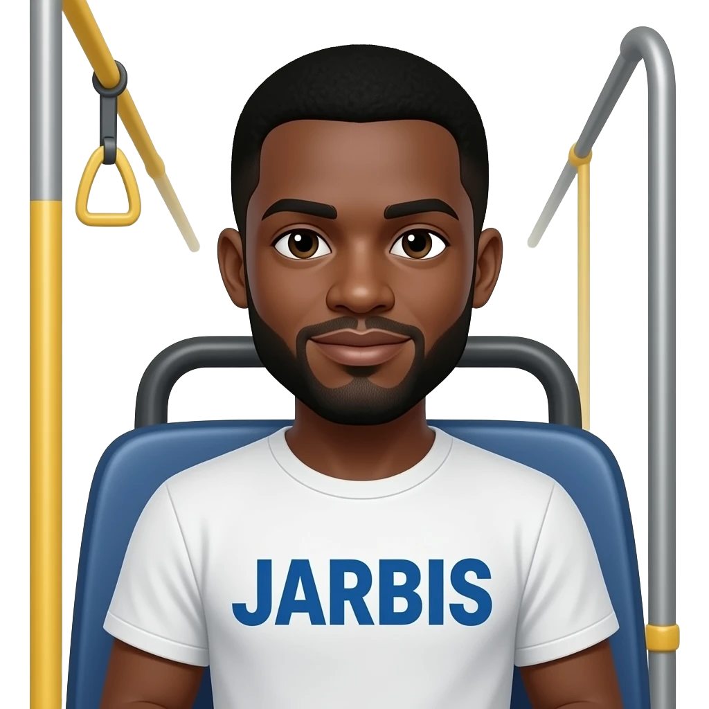 Make an emoji of a black man with the word, JARBIS written on his shirt riding the bus emoji