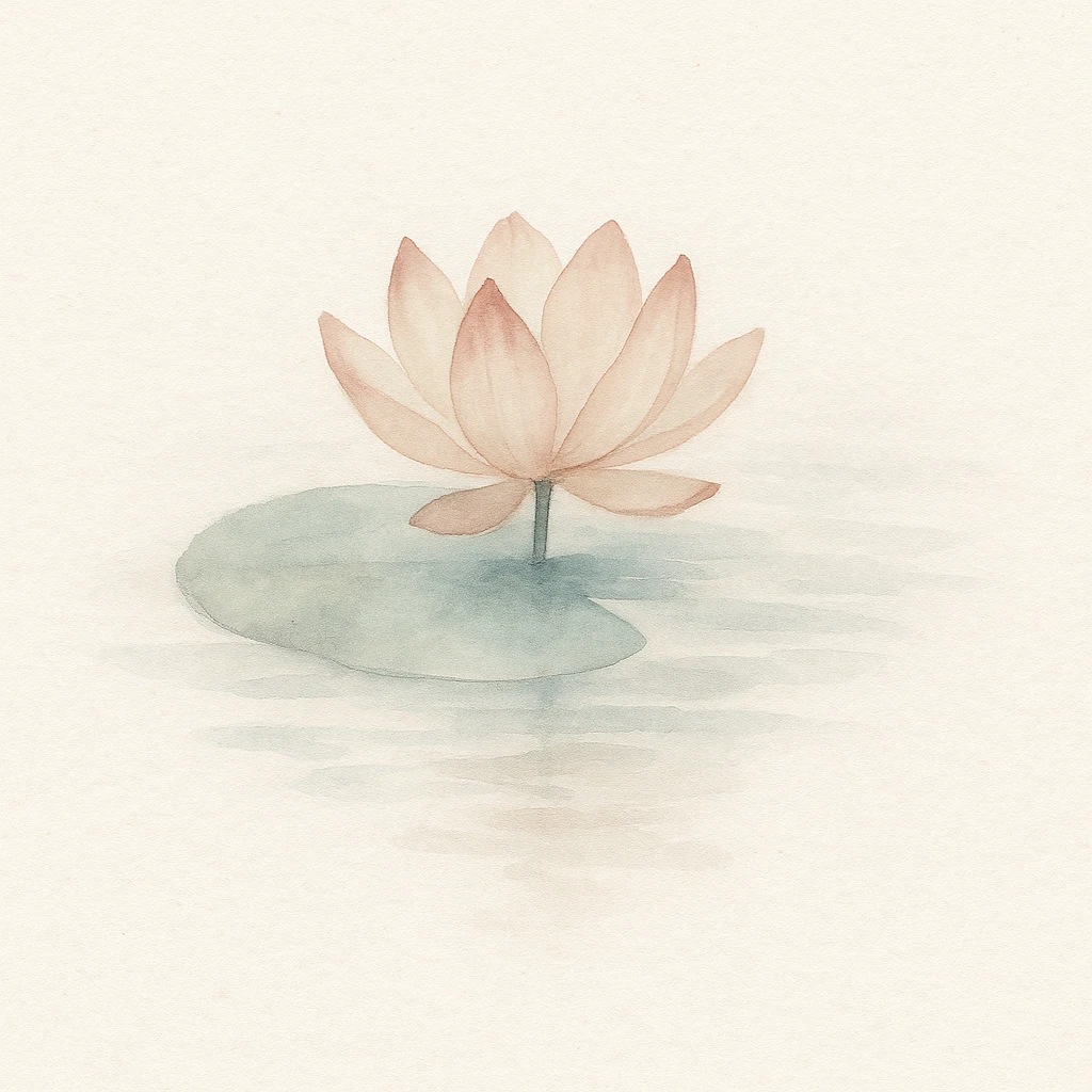 gentle watercolor painting of a single lotus flower floating on calm water, with subtle reflections emoji