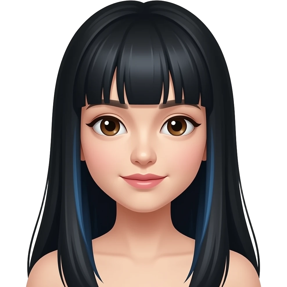 pretty chinese princess with long black hair and bangs in blue with deep brown eyes emoji