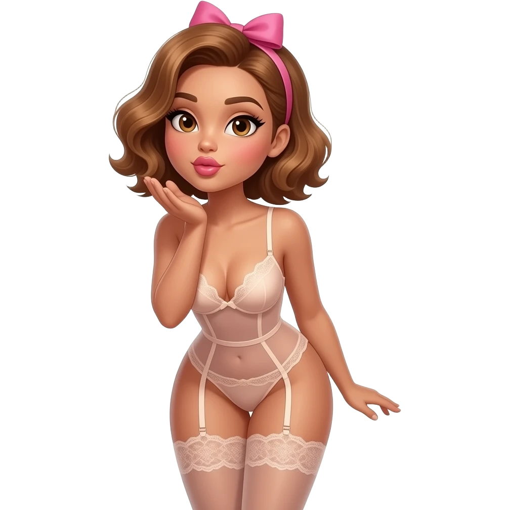 glamours,-tanned,-very-beautiful-woman-with-big-plump-rose-beige-lips,-long-lashes,-honey-silky-very short- hair,-wavy-hair,-with pink bow in hair -hazel-eyes-wearing-nude-lace-lingerie-nude-stilettos-Looks-sexy-winking-blowing-kiss-from-hand,-thighs-up emoji