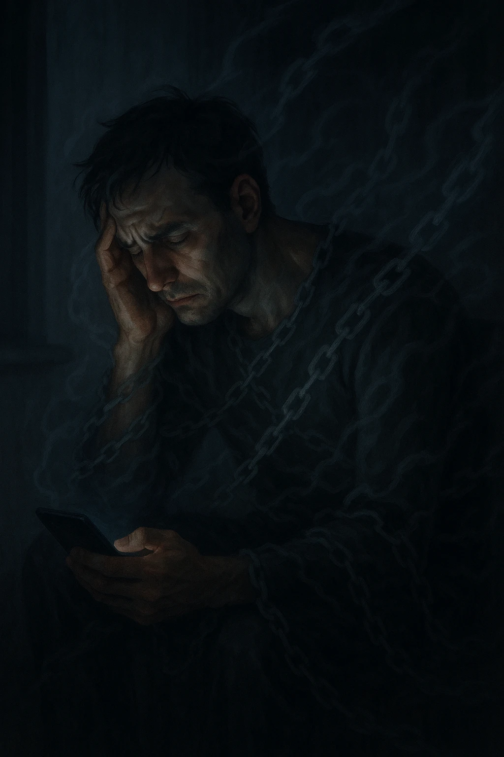 a man sits alone in a dimly lit room at night, illuminated only by the glow of a computer or phone screen. His posture is slouched, and his expression is tired and troubled. Around him, faint, ghostly chains or shadows subtly wrap around his body, symbolizing addiction and emotional distress. The background is blurred, emphasizing isolation and discomfort. in italiano emoji