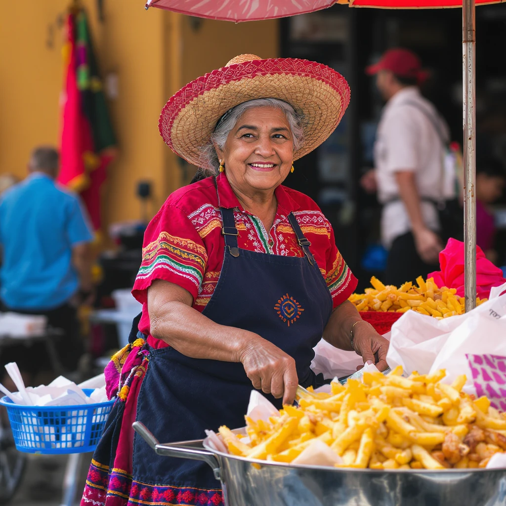 professional photography of an old Mexican lady pushing a food cart, warm and friendly expression, traditional dress, vibrant colors, street vendor, detailed, no text emoji