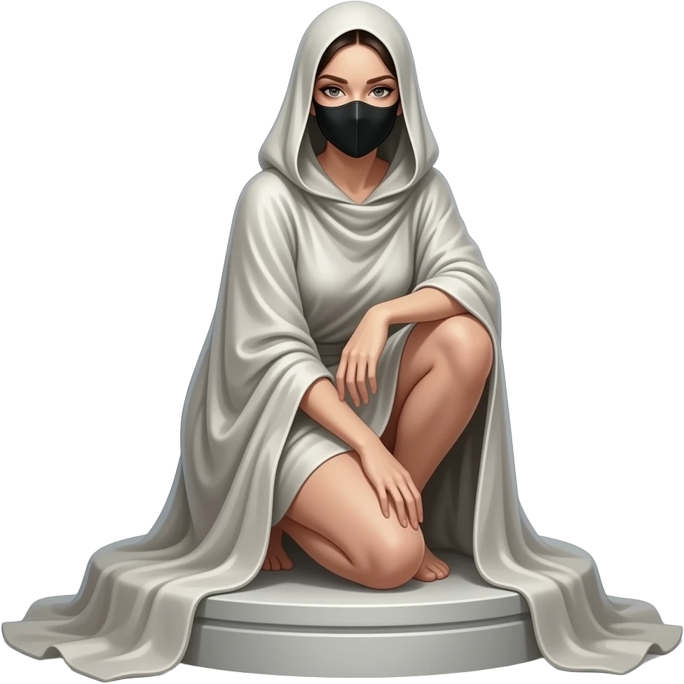 The female figure is in a crouching on a raised pedestal covered with heavy fabric. The most prominent detail is the black mask that covers the upper part of the face. emoji