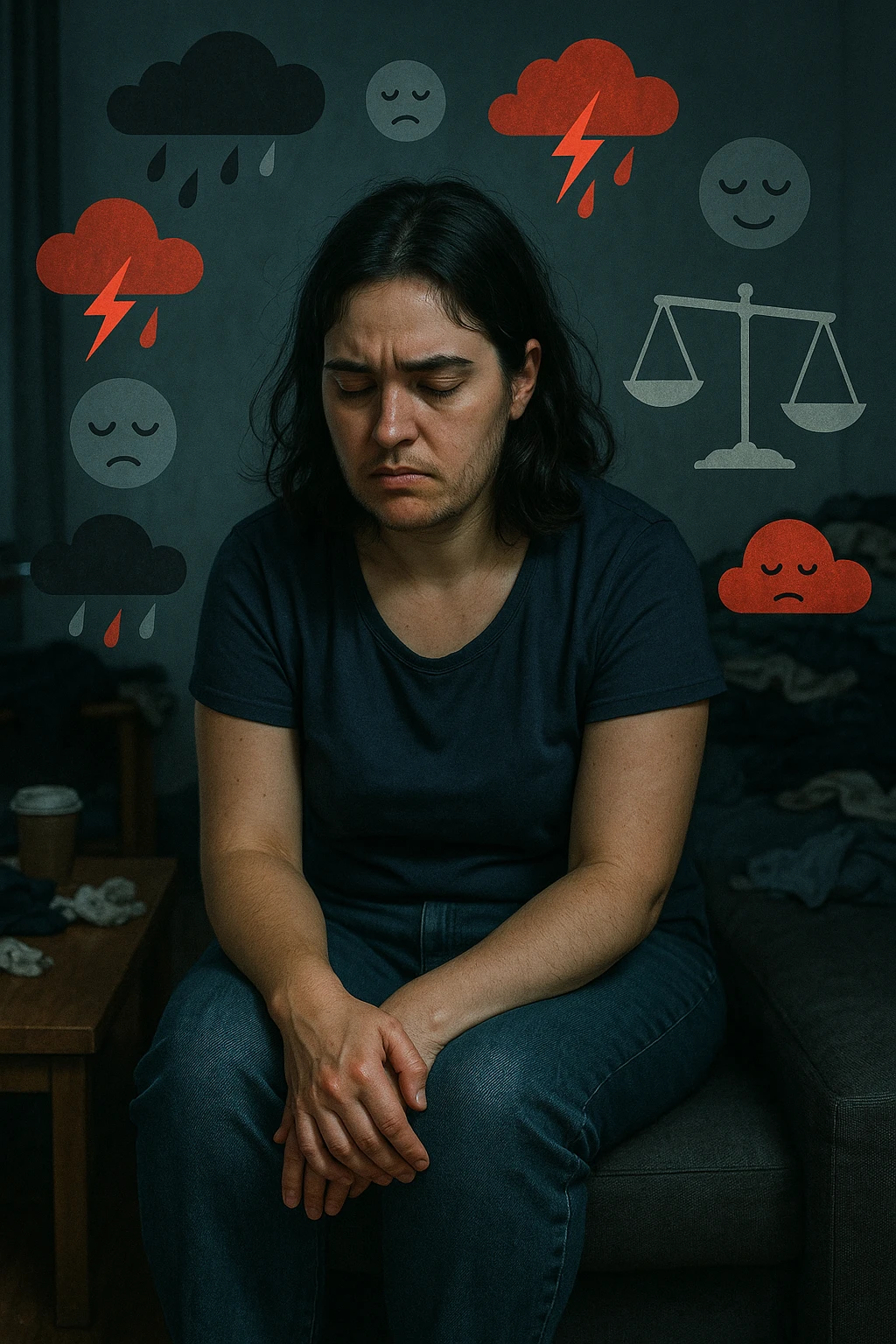 Donna tra i 25 e i 35 anni seduta da sola in una stanza, con lo sguardo basso e un’espressione di frustrazione e stanchezza. Sul volto si notano peli visibili sul mento e sopra il labbro, simbolo di irsutismo. Intorno a lei, l’ambiente appare disordinato, con luci fredde e atmosfera pesante. In trasparenza, simboli stilizzati di sbalzi d’umore (nuvole scure e rosse alternate a simboli di calma), e una bilancia emotiva sbilanciata. Le mani stringono le gambe, in gesto di disagio fisico ed emotivo. Colori cupi con accenti contrastanti. Stile realistico con elementi simbolici emoji