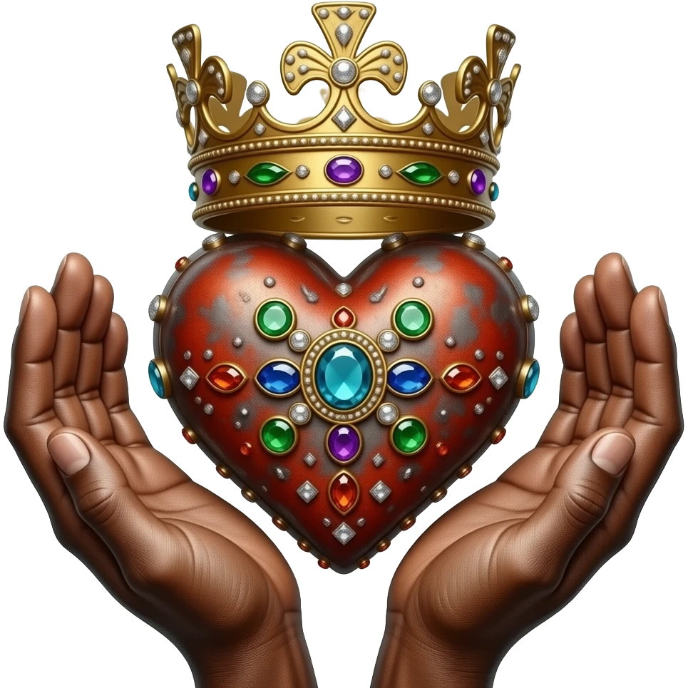 two rusty hands touch with their fingers (fingers are facing down and palms are facing up)  a rusty heart richly ornamented with arabesques and studded with precious stones with a richly decorated royal crown, dramatic lighting - backlight emoji