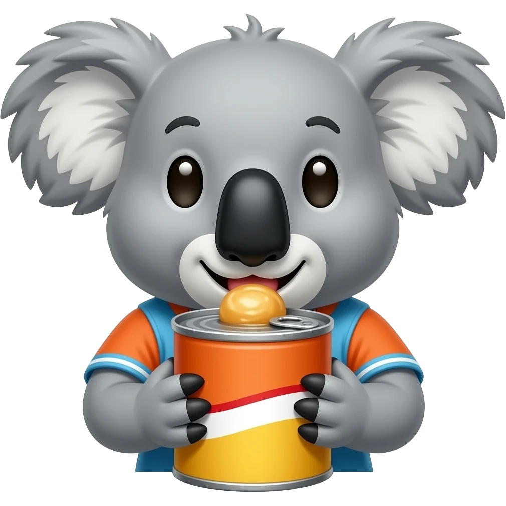 koala eating very large canned food, wearing nice cloth,  closeup emoji