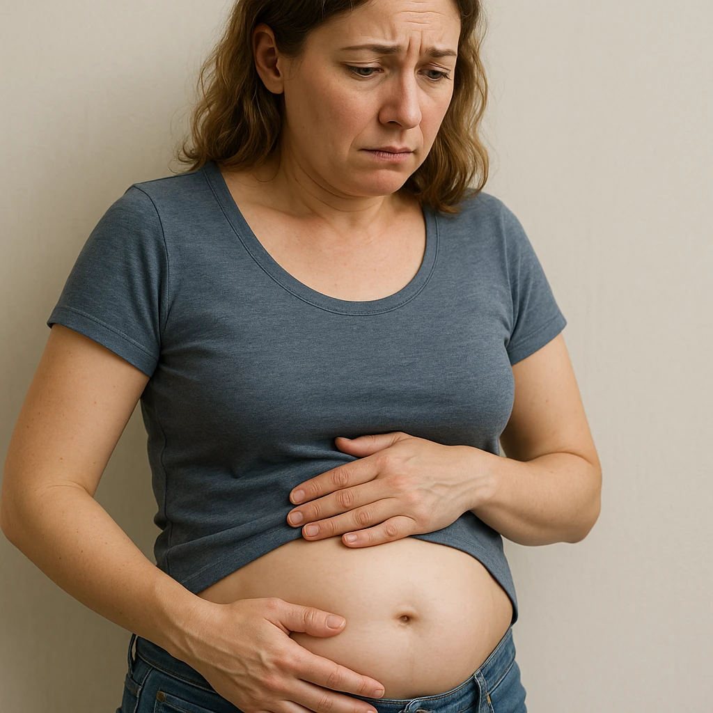 Realistic woman with a slightly bloated belly due to intestinal parasites. Expression shows mild discomfort or concern. The style is realistic with a clear and informative atmosphere. emoji
