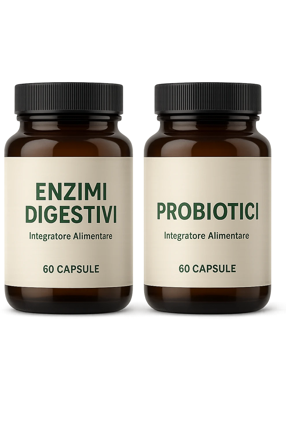 DUE BARATTOLI di integratore con la scritta "ENZIMI DIGESTIVI" E "PROBIOTICI", iperrealistico 4k emoji