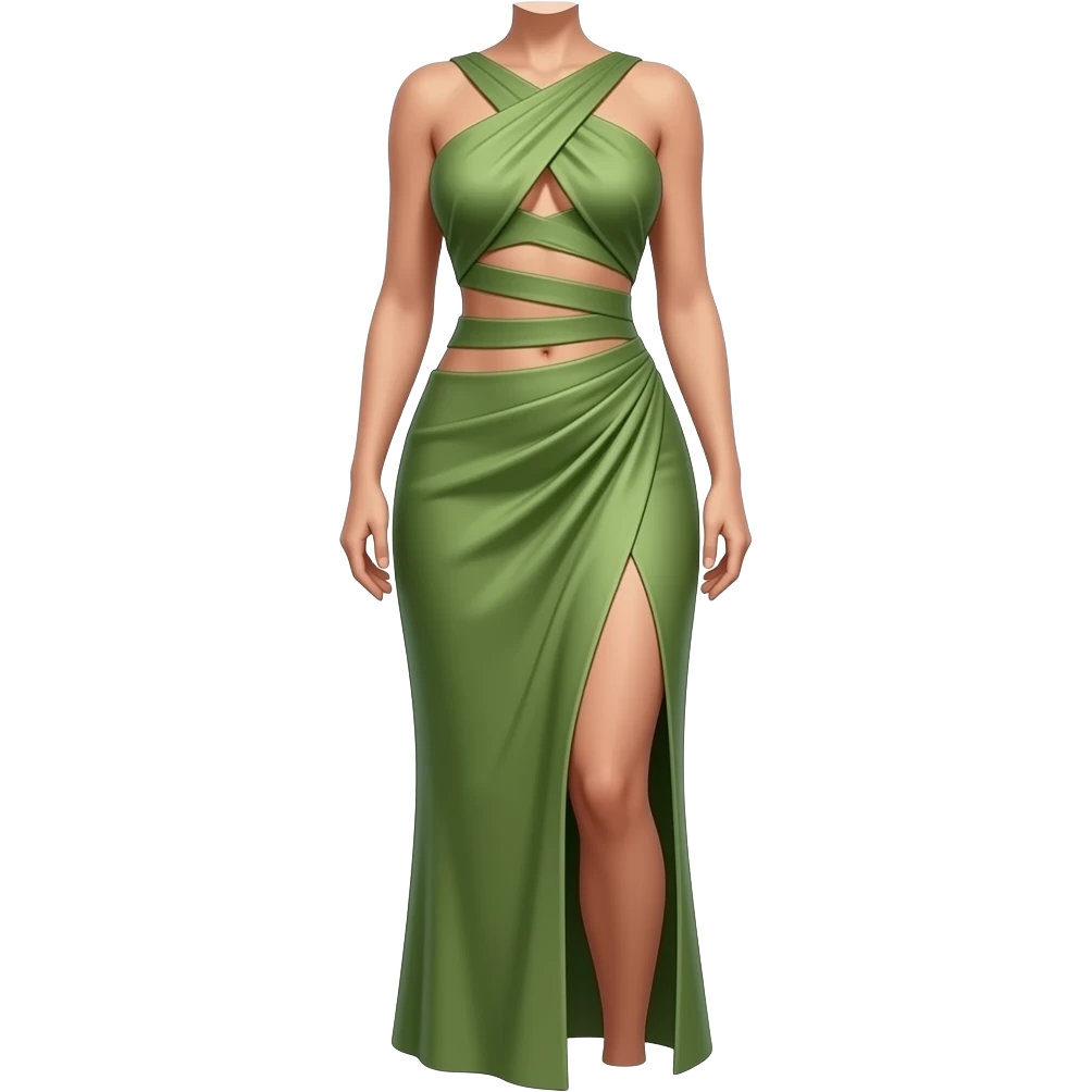 iOS style highly editorial and sculptural A draped olive green wrap dress with multiple abdominal cutouts, a high leg slit emoji