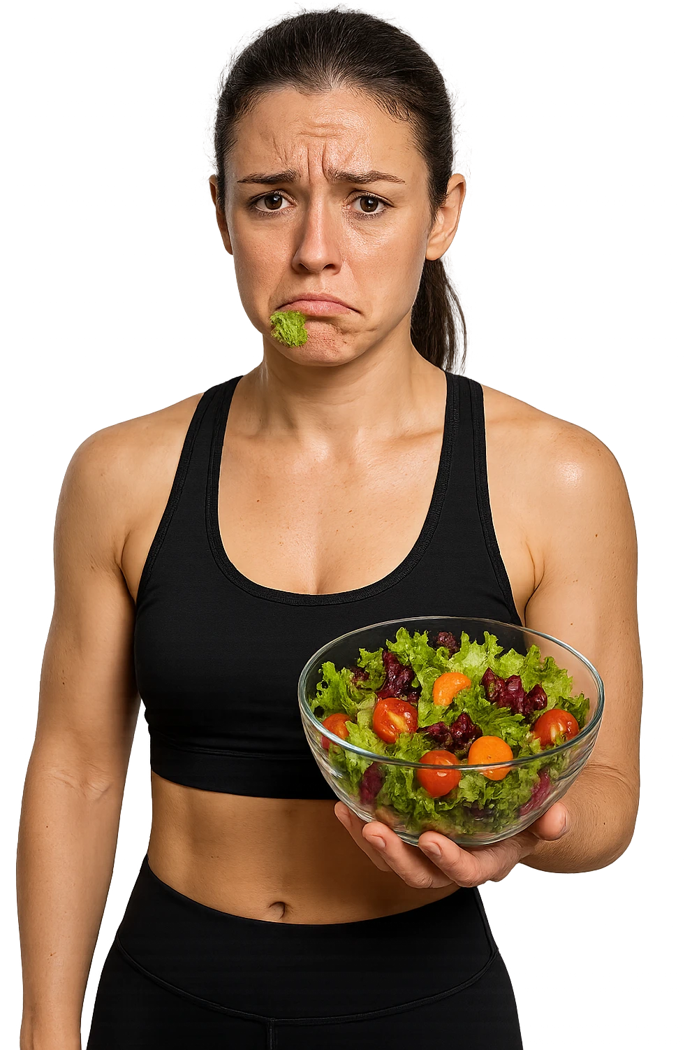 DONNA FITNESS CON INSALATA IN MANO MENTRE TIENE UNA FOGLIA DI INSALATA IN BOCCA CON ESPRESSIONE TRISTE, iperrealistico 4k, ISOLATA SU SFONDO BIANCO emoji