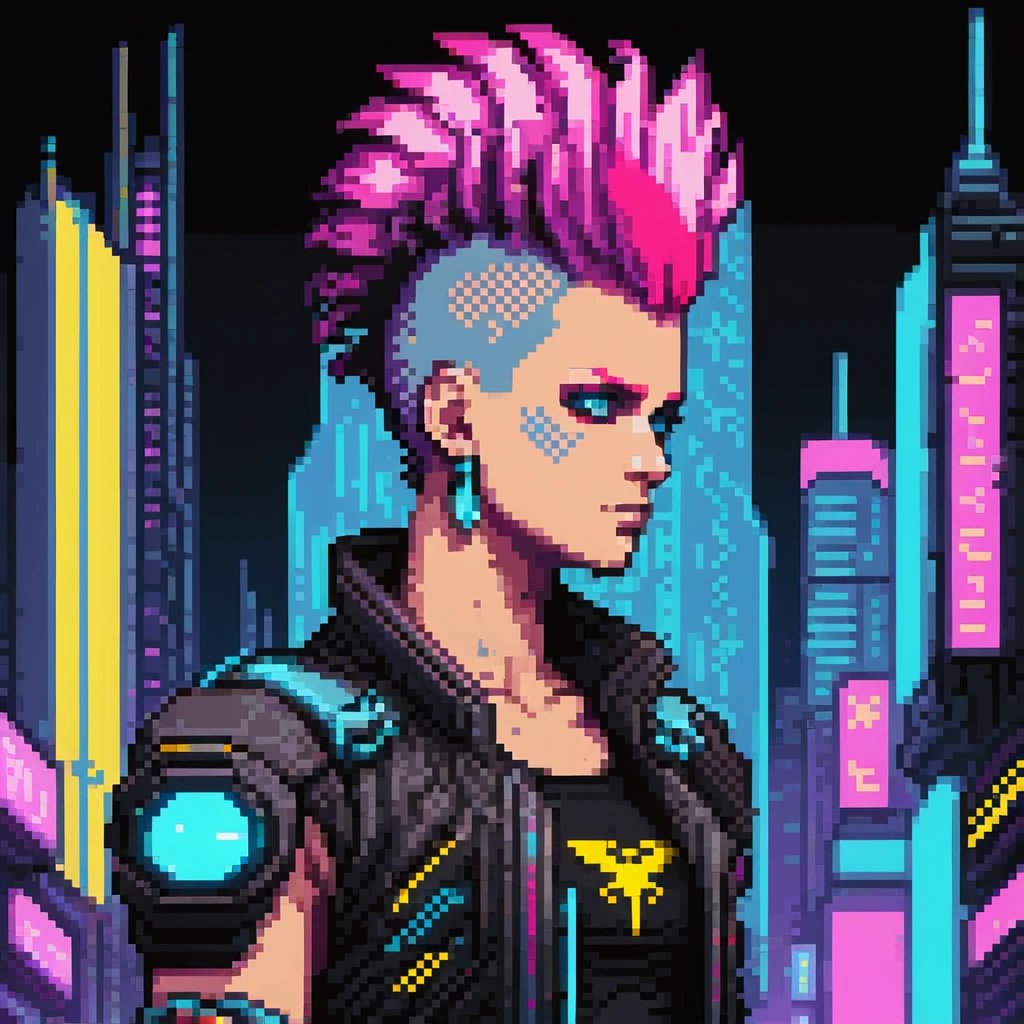cyberpunk 2077 character with neon mohawk in a futuristic city background, pixel art style emoji