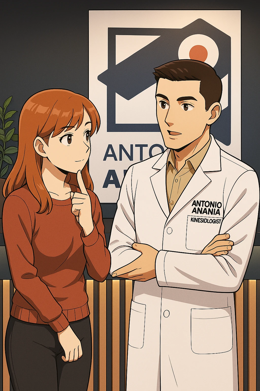 su questo stile fai un manga/webtoon a colori in cui una donna SI TOCCA IL MENTO CON L'INDICE MENTRE ASCOLTA PENSIEROSA L'UOMO, l'uomo della foto in stile manga LE SPIEGA CHE DEVE PROVARE LA SUA VALUTAZIONE MEDICA, mantieni un ambiente simile alla foto che ho allegato con il suo logo (sarebbe il suo studio, lui è un kinesiologo), scrivigli "ANTONIO ANANIA" sul camice bianco, non mettere fumetti, ma fai in modo che sembri che la donna ASCOLTI l'uomo emoji