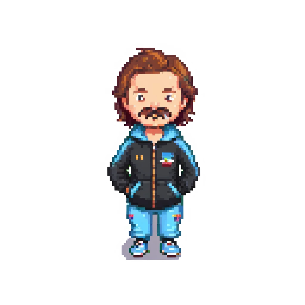 Recep İvedik character, pixel art style, humorous expression, recognizable mustache, wearing tracksuit, simple background emoji