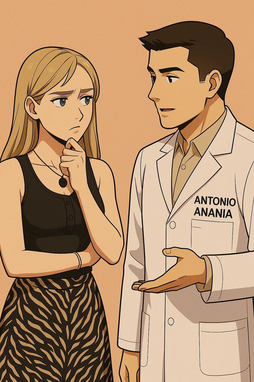 fai un webtoon/manga a colori con questo kinesiologo in camice bianco (fagli la scritta "ANTONIO ANANIA" SUL CAMICE) CHE PARLA CON QUESTA RAGAZZA CON GLI OCCHI AZZURRI. la ragazza HA UN DITO SUL MENTO MENTRE PENSIEROSA gli fa una domanda e IL KINESIOLOGO CON IL CAMICE BIANCO LE risponde. NON FARE I FUMETTI, FAI SOLO LORO COME SE DIALOGASSERO emoji