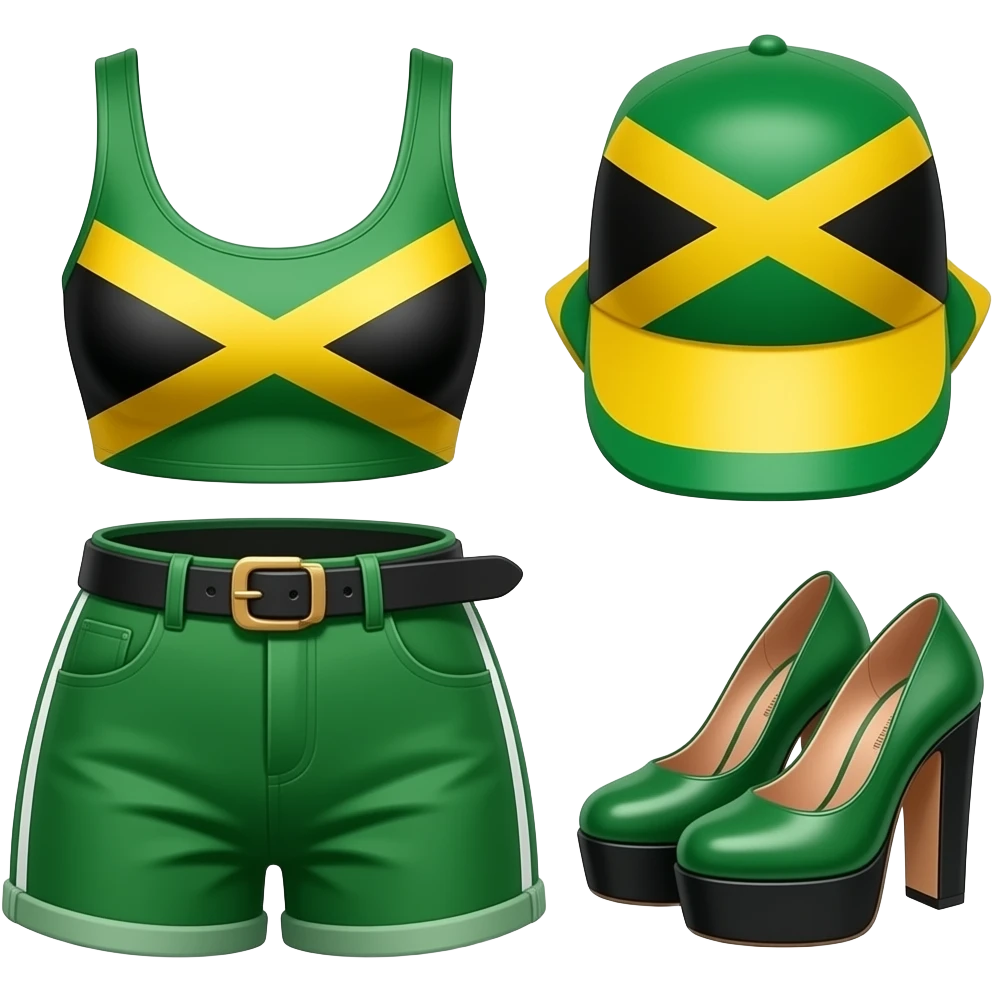 jamaican dancehall costume, green yellow black, crop top shorts platform heels, no person, flat lay, white background emoji