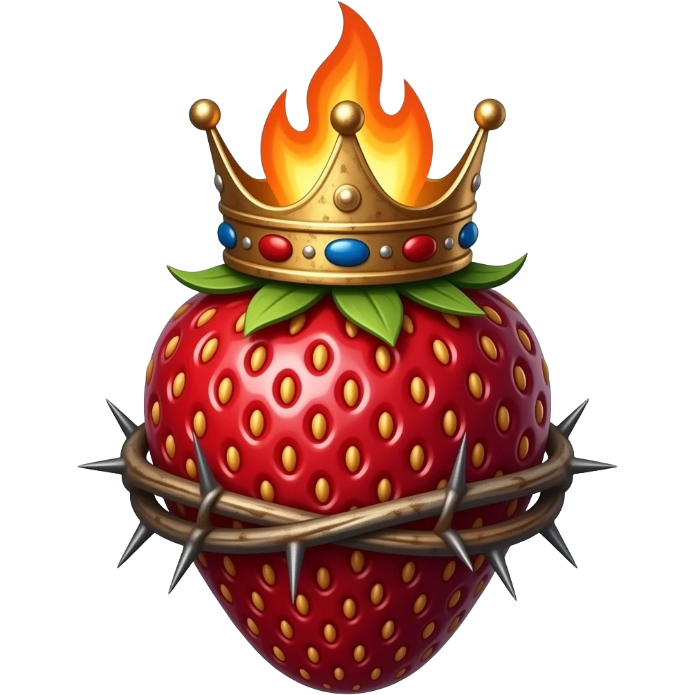 cinematic realistic -a dark strawberry with a rusty, richly decorated English royal crown on top that is flaming. A crown of thorns is wrapped around the strawberry's body that is spinning around its body emoji