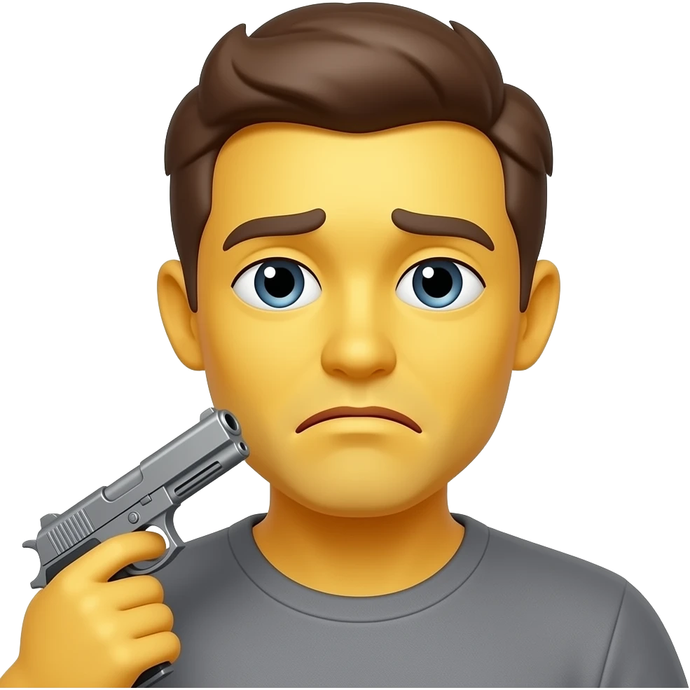 Put a gun on his mouth Make a tired emoji circle face and no body make him hav yellow skin and make an google style tired make him do suicide emoji