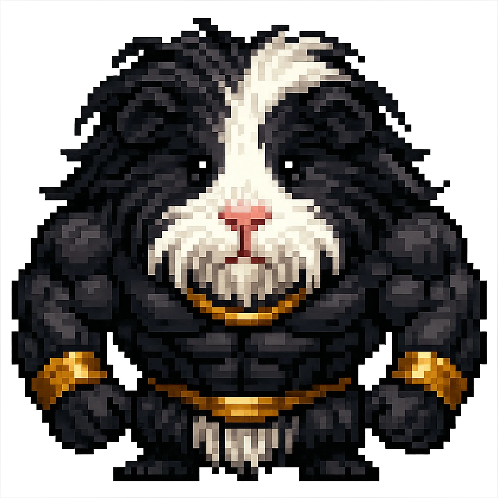 Make the guinea pig long-haired, black and white, with a strong muscular build and gold accessories, keep the style and no background. emoji