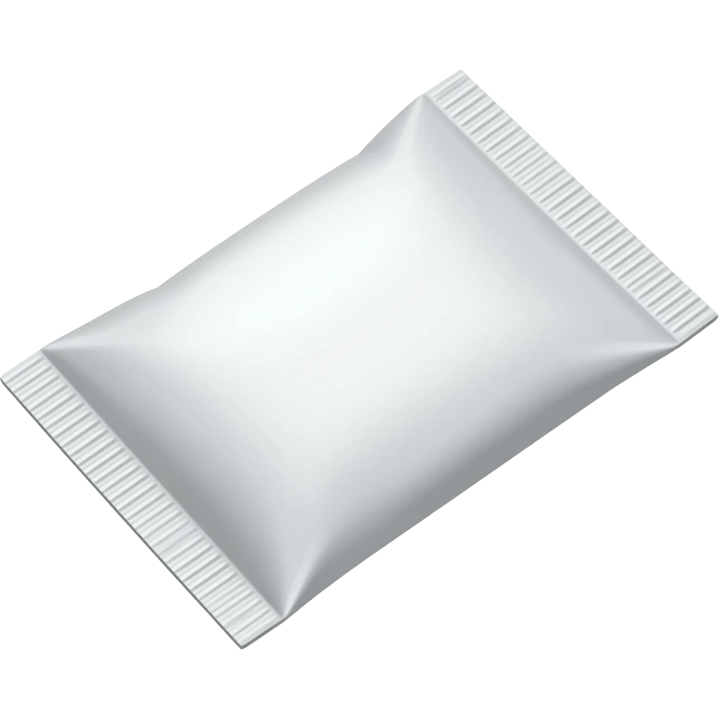 A small horizontally elongated nicotine pouch made of thin white paper, slightly filled so it looks soft and pillow-shaped, slightly uneven soft filling. The pouch is sealed on both ends with crimped paper edges. emoji