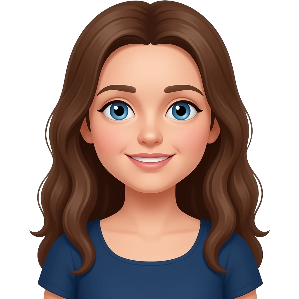 Cosette from Les Mis with blue eyes, long brunette hair, navy blue plain dress emoji