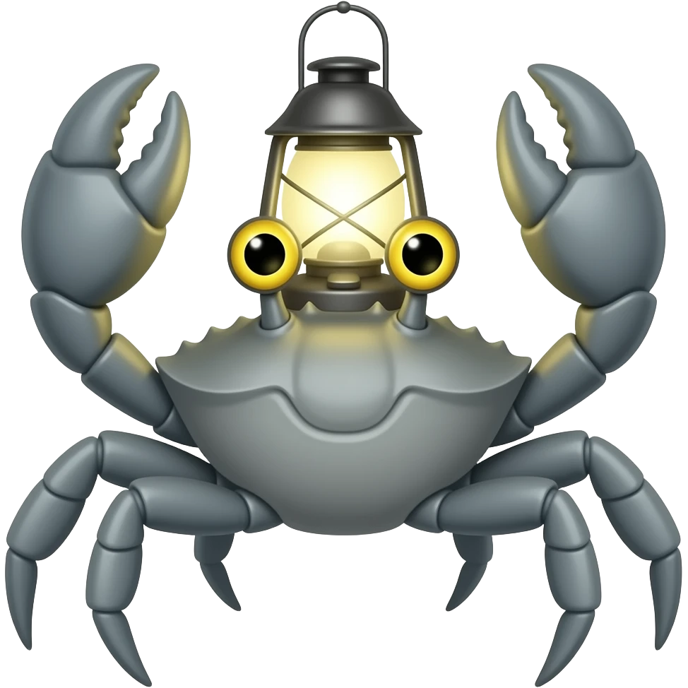 A Gray crab with a lantern on its back facing forward with growing yellow eyes with growing yellow eyes emoji