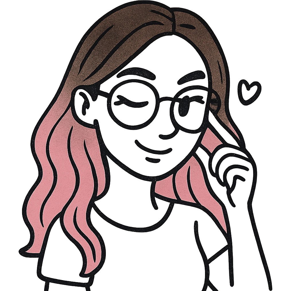 woman with gradient hair from dark to pink with glasses, brown roots, brown eyebrow, flirting, icon-black-outlined-hand-drawn style emoji