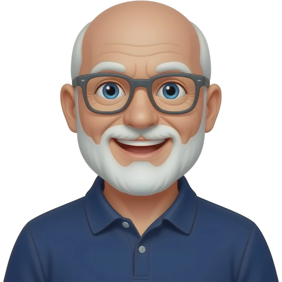 skinny old bald man with white beard with red tint, blue eyes, dark gray glasses, cheering, navy polo shirt, smiling emoji