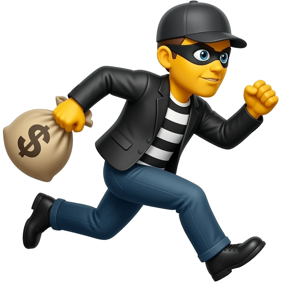 Generate a burglar emoji with yellow skin that runs with a bah of money emoji