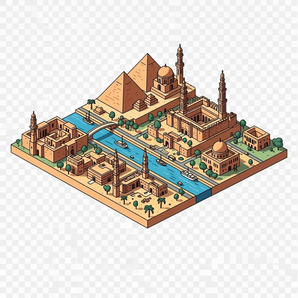 Isometric minimalistic illustration of Cairo, subtle 3D miniature effect and Tilt Shift effect, no cartoonish look, transparent background. emoji