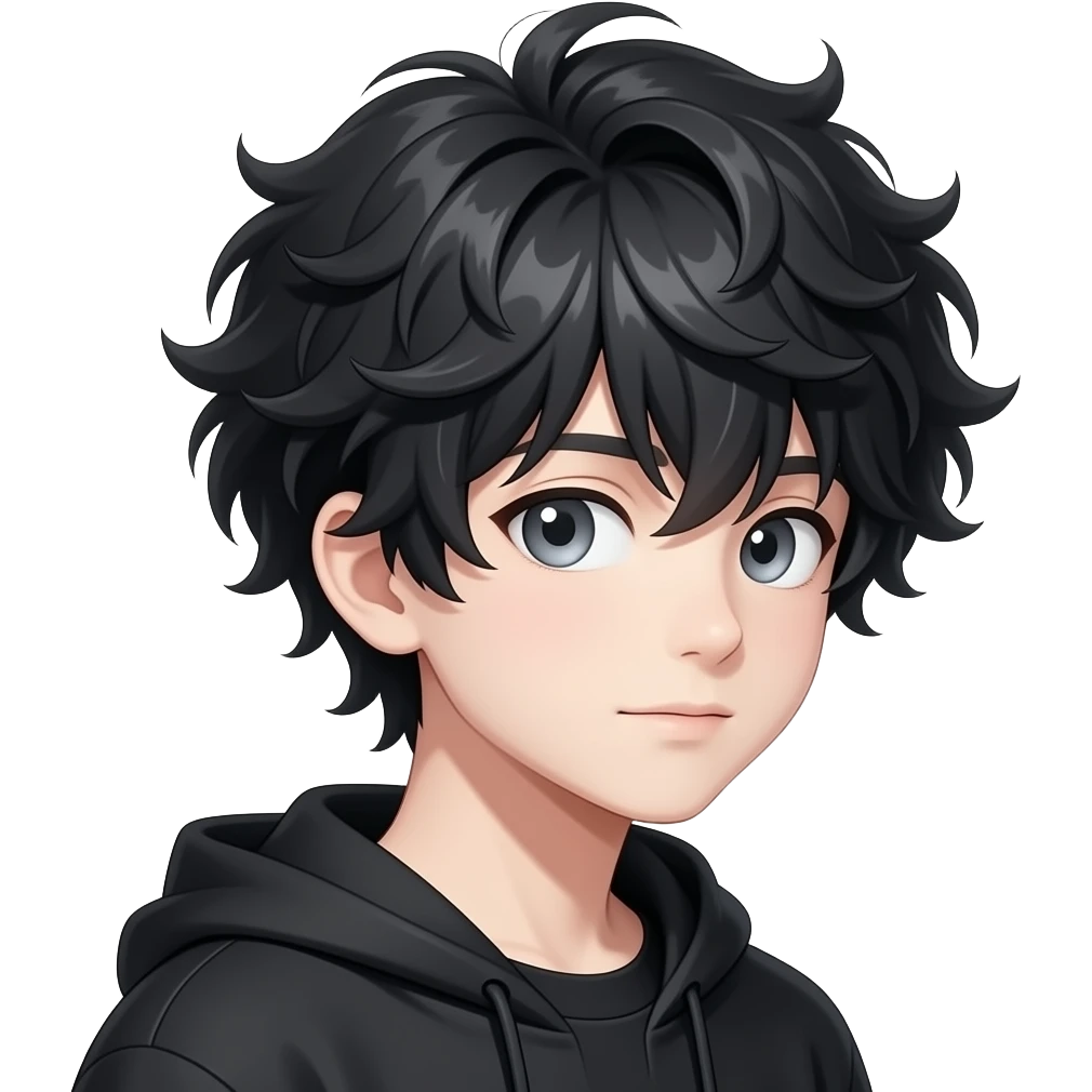 anime boy black hair white skin black clothing looking to the side a kid grey eyes glowing make it more anime cartoony style with curly hair and many face features but also a kid emoji
