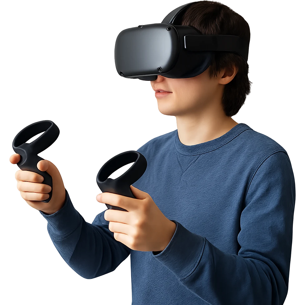 person immersed in VR, holding a controller emoji